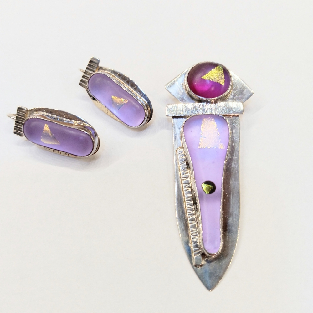 Handmade Sterling Dichroic Glass Pendant Earring Set